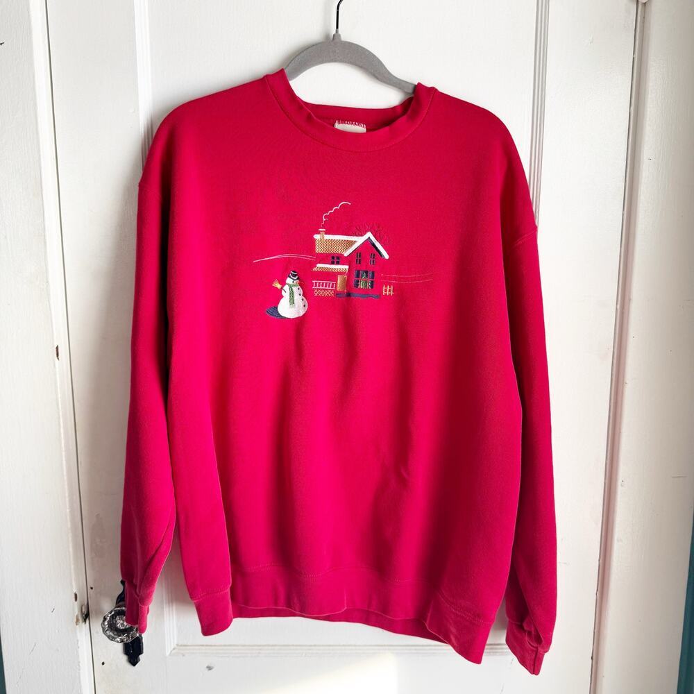 VTG Red Lee Heavyweight Crewneck Sweatshirt Winter Embroidered Scene Snowman L